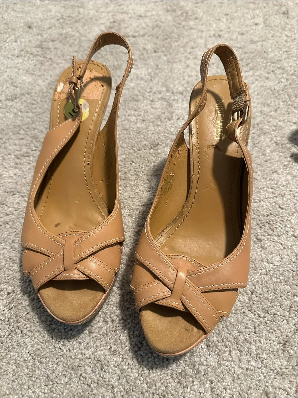 Women's Nine West Tan Cork Platform Peep Toe Slingback Heels Size 9